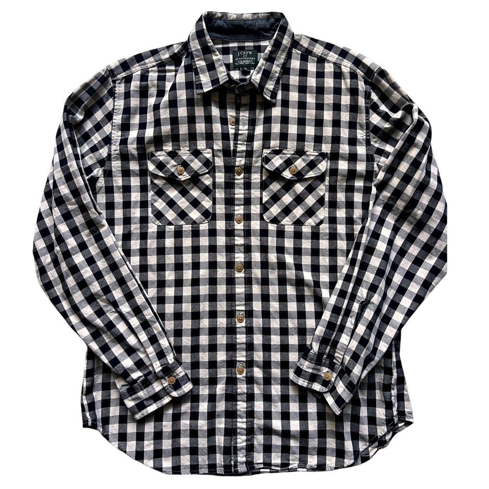 J. Crew Heavyweight Flannel Shirt XL Black Beige Buffalo Check Plaid Men's Slim